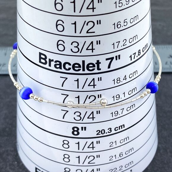 Blue Cat’s Eye Memory Wire Bracelet | Vintage Sterling Silver | 7.5” Adjustable - Picture 3 of 4
